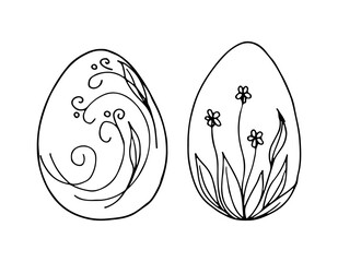 Set of black and white contour vector sketches of Easter eggs. Two eggs with different patterns are drawn in a doodle style.