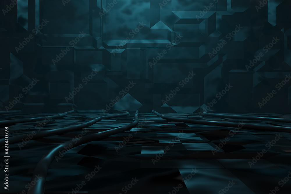 Poster 3d rendering of cyberpunk word phrase the end illuminated in orange in metal background. artificiall