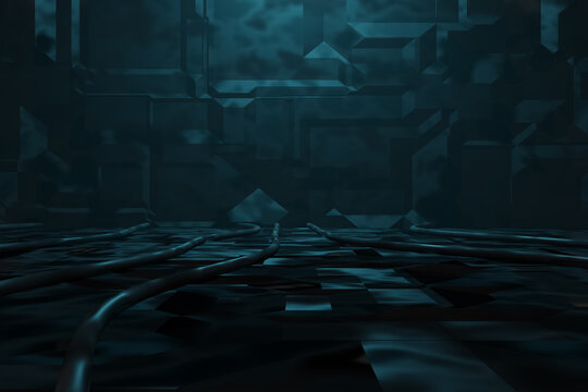 3D rendering of Cyberpunk word phrase the end illuminated in orange in metal background. Artificially illuminated presentation words with blue light