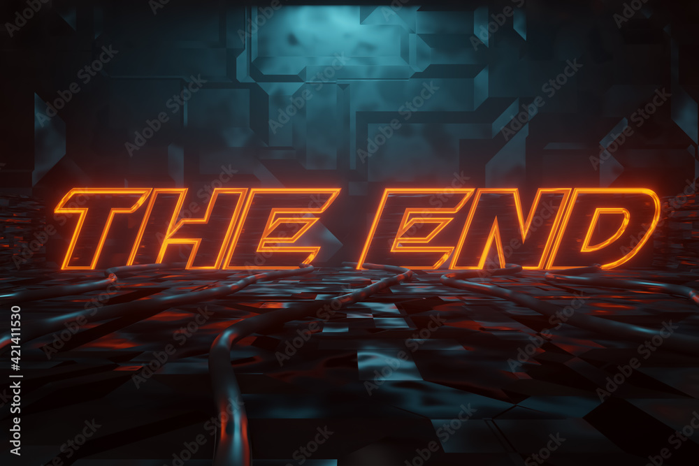 Sticker 3d rendering of cyberpunk word phrase the end illuminated in orange in metal background. artificiall