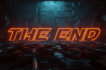 Fototapeta na wymiar 3D rendering of Cyberpunk word phrase the end illuminated in orange in metal background. Artificially illuminated presentation words with blue light