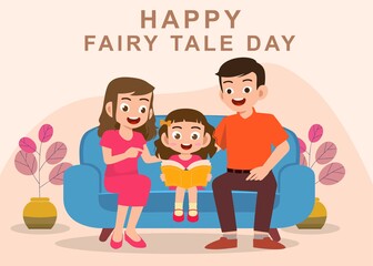 Icon of a child reading a book accompanied by both parents in commemorating fairy tale day
