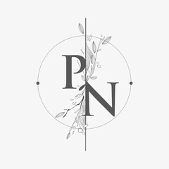 Letter PN Initial Logo with Hand Draw Floral, Initial Wedding Font Logo with Circle and Flowers.