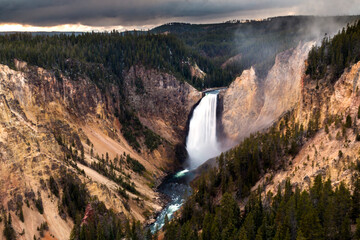 The powerful Yellowstone falls in the Grand Canyon of the Yellowstone National Park in Wyoming.