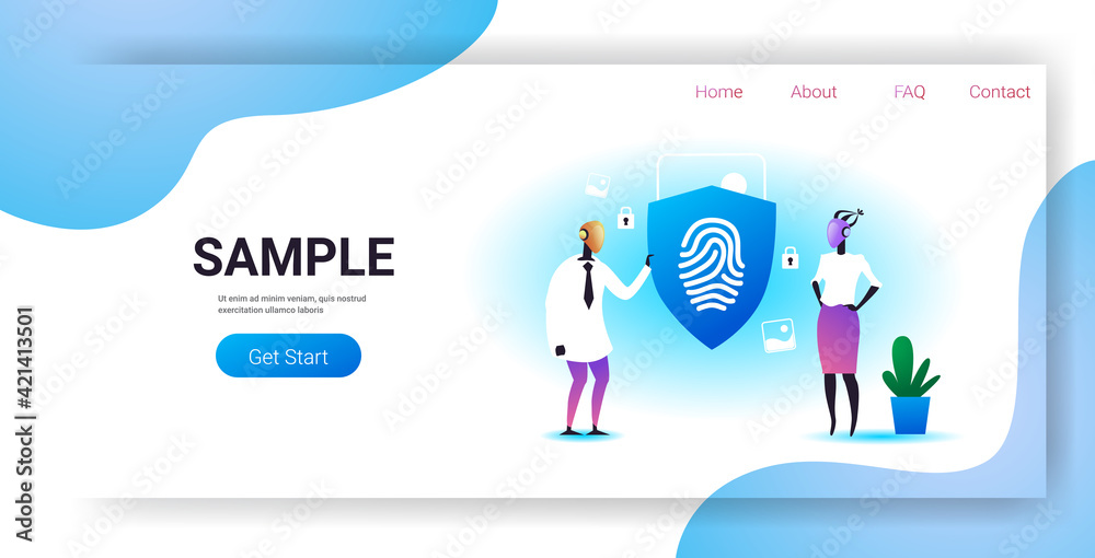 Poster two robots holding shield with fingerprint guard privacy data protection security artificial intelli