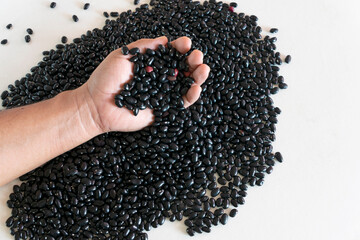 Black bean grains on white wooden table and Latin man's hand, abundant and healthy harvest in Guatemala. Vegetarian food.