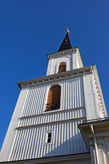 Holmsund's old wooden church seen from below