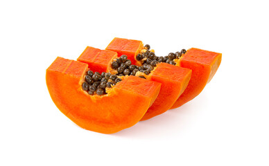 Ripe papaya slices on a white background