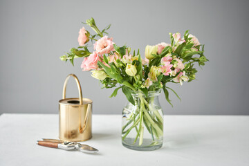 Bouquet 015. Finished flower arrangement in a vase for home. Flowers bunch, set for interior. Fresh cut flowers for decoration home. European floral shop. Delivery fresh cut flower.
