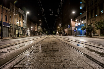 Fototapeta na wymiar empty street at night in Baltimore City downtown.