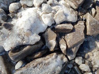 Black chunks of ice are broken into pieces. Global warming of the planet.