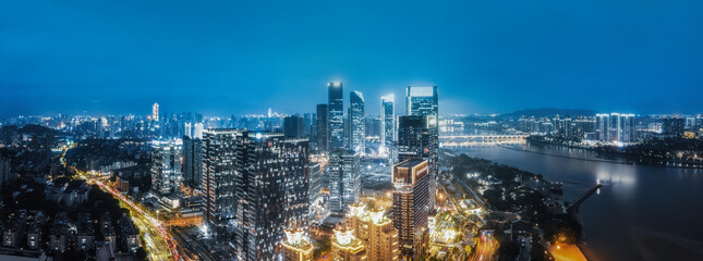 Aerial photography night view of modern architecture in Fuzhou city, China
