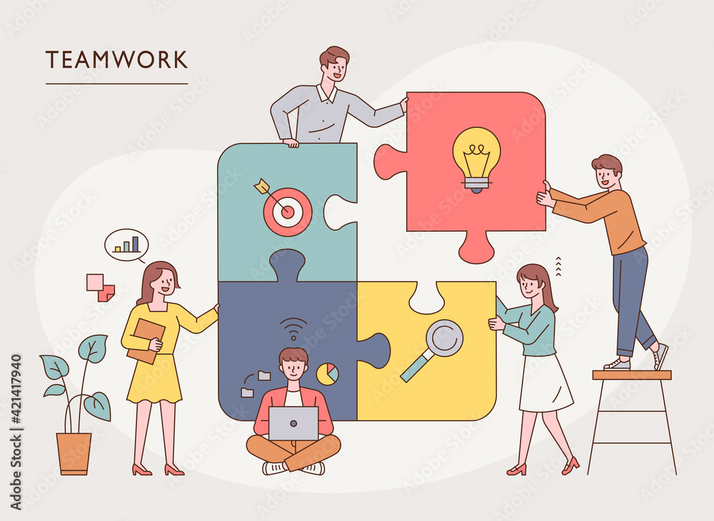 Canvas Prints team members are putting together a big puzzle. flat design style minimal vector illustration.