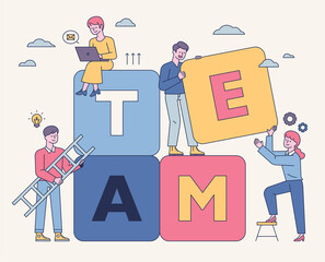 Team members are stacking large boxes together. flat design style minimal vector illustration.