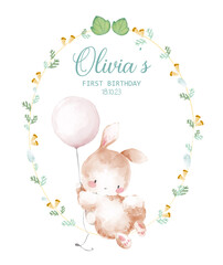 Watercolor Illustration Baby rabbit Prince Safari Birthday Party Invitation