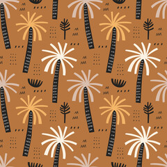 Fototapeta na wymiar Palm trees vector seamless pattern. Tropical background with hand drawn arecaceae plants. Beach coconut tree wallpaper, african forest textile, wrapping paper print design. Scandinavian illustration