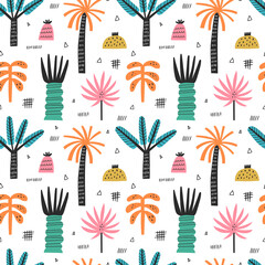 Tropical beach palm trees vector seamless pattern. Hand drawn jungle background with rainforest leafy plants and sketch doodle drawings. Modern textile, wrapping paper print design. Scandinavian style
