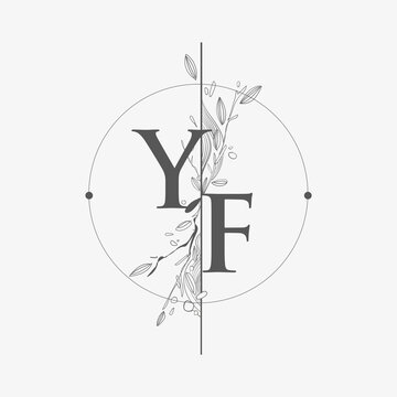 Letter YF Initial Logo with Hand Draw Floral, Initial Wedding Font Logo with Circle and Flowers.