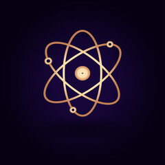 Gold atom icon. Vector illustration isolated on a blue background. School topics.