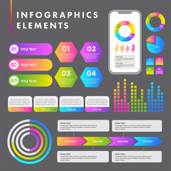 インフォグラフィックデザビジネスシーンで役に立つインフォグラフィック、いろいろなグラフのベクターイラスト、ピクトグラムやアイコンのセットイン