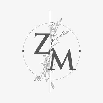 Letter ZM Initial Logo with Hand Draw Floral, Initial Wedding Font Logo with Circle and Flowers.