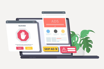 Ad blocking, Pop up ad blocker flat vector. removing online advertising, ad filtering tools concept. Pink coral blue vector isolated illustration
