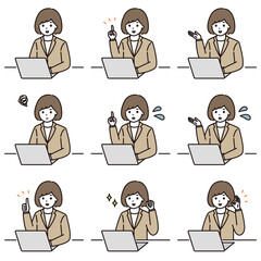 ビジネスウーマン パソコン 表情 セット