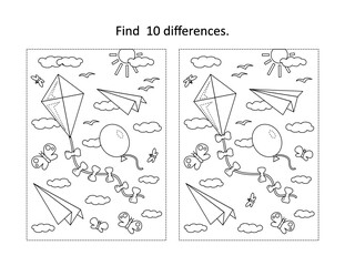 Find 10 differences visual puzzle and coloring page with things that fly in the air - kite, balloon, paper planes, clouds, insects, birds
