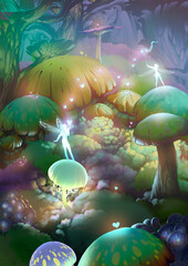 Mushroom garden fairies playing with each other, my original digital artwork
