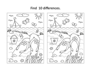 Find 10 differences visual puzzle and coloring page. Summer vacation scene with flip-flops, yacht, toy bucket at the beach.
