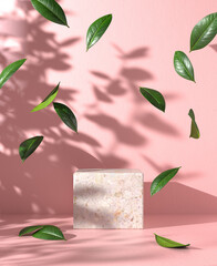 Modern Empty Mockup Podium With Leaf Fall And Sunlight Shadow On Pink Concrete Background 3d Render