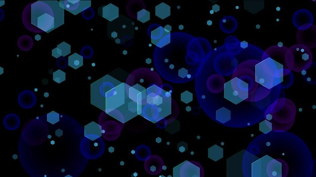 blur bubbles purple blue color hexagon multi size flying motion on black screen background