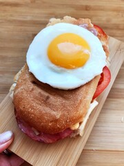 Sandwich with a fried egg, bacon, cheese and vegetables