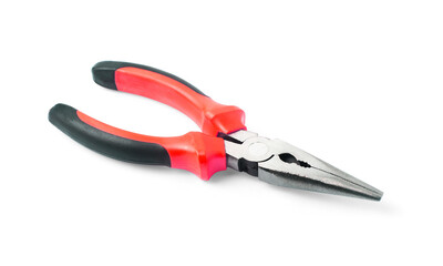 Obraz premium Close up new metal pliers, red and black rubber grip. Used for bending, cutting, clamping in electrical work. Repair or build. Isolated on white background. with clipping path.