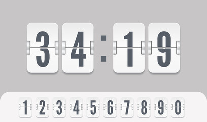 Obraz na płótnie Canvas White scoreboard number font with shadows. Vector modern ui design of retro time meter with numbers. Old design score board clock template isolated on light background.