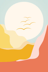 Abstract contemporary aesthetic landscape. The sun and the mountains. Minimalist nature print. Vector.