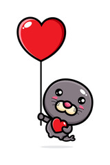 cartoon cute seal vector design flying with a balloon