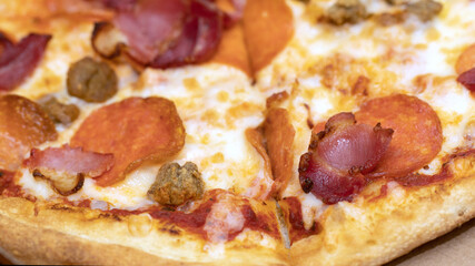 close up view of pizza with salami, ham, beef and cheese