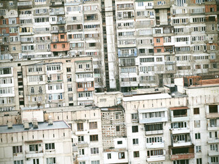 Multistory residential buildings background. Blocks of flats built in Soviet era.
