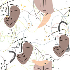 Woman Face line. Abstract drawing seamless pattern