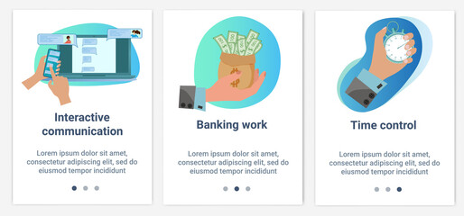 Modern flat illustrations in the form of a slider for web design. A set of UI and UX interfaces for the user interface.Topic Internet communication, banking work and time control.