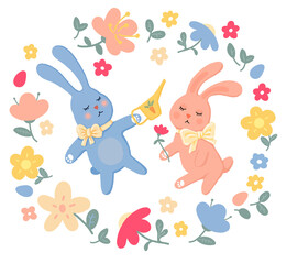 vector set of cute spring cartoon gardeners bunnies, plants and flowers. Easter in the garden. collection of scrabbook elements. baby style illustration