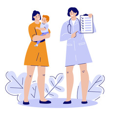 Woman doctor with a checklist on a clipboard. Mother with a baby in her arms. Recommendations for the health of the child. Vector illustration in flat style.