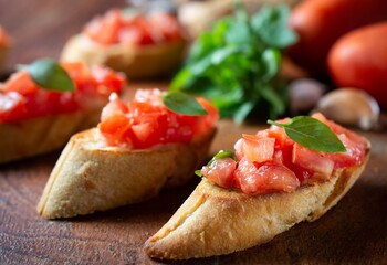 tomato and basil bruschettas, traditional Italian antipasto