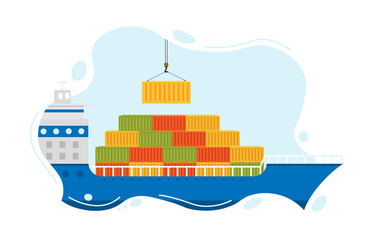 Obraz premium Sea barge loads cargo at port. Sea transportation logistic.