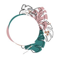 Round frame with contour monoline monstera leaves, colorful spot and copy space. Natural template with tropical foliage. Trendy colorful vector postcard, card and banner © veleri_kz