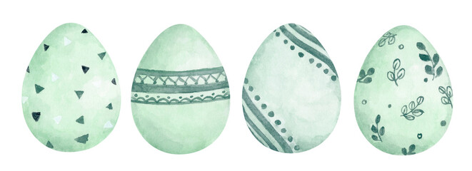 Set of Easter eggs with different texture. Isolated on white background. Spring holiday. Happy easter eggs. Watercolor Illustration.