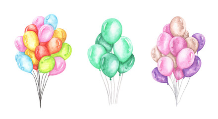 Set of colorful balloons isolated on white background, Watercolor illustration.