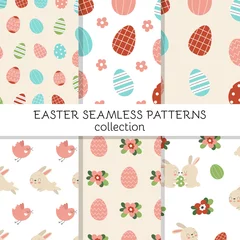 Gordijnen Set of cute seamless patterns with cute Easter bunnies decorated with eggs and flowers. Traditional symbol of Easter. © Анна Безрукова