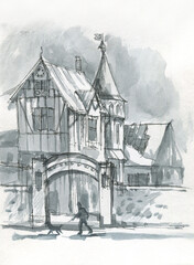 old house with a tower graphic sketch 